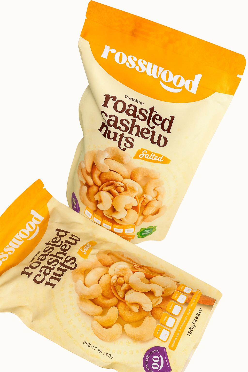 Two packages of Rosswood roasted cashew nuts on a white background
